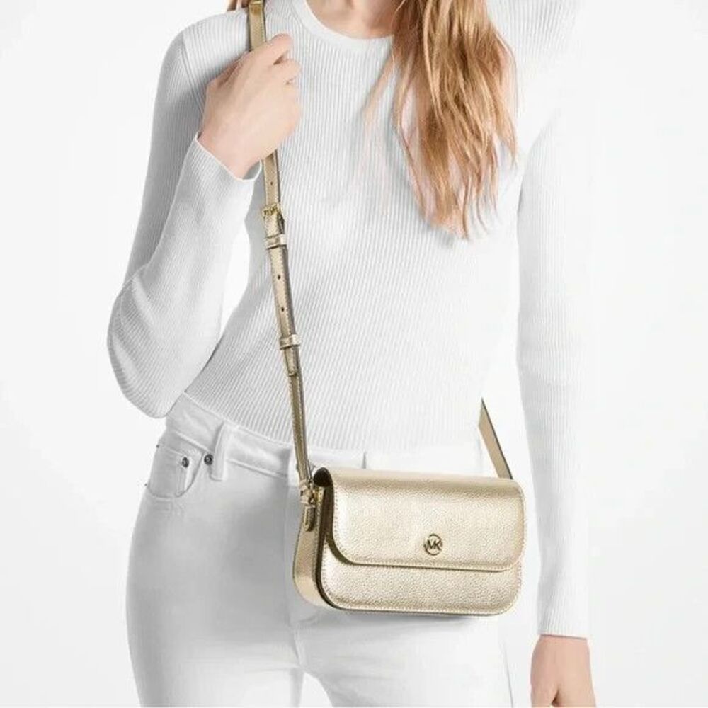 Michael Kors Flap Crossbody Jet Set Travel Pale Gold Metallic Leather NWT